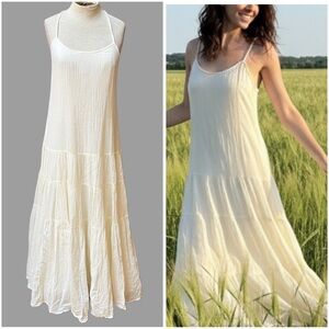 Anthropologie Gauzy Cotton Cream White Tiered Maxi Dress Romantic Boho Small
